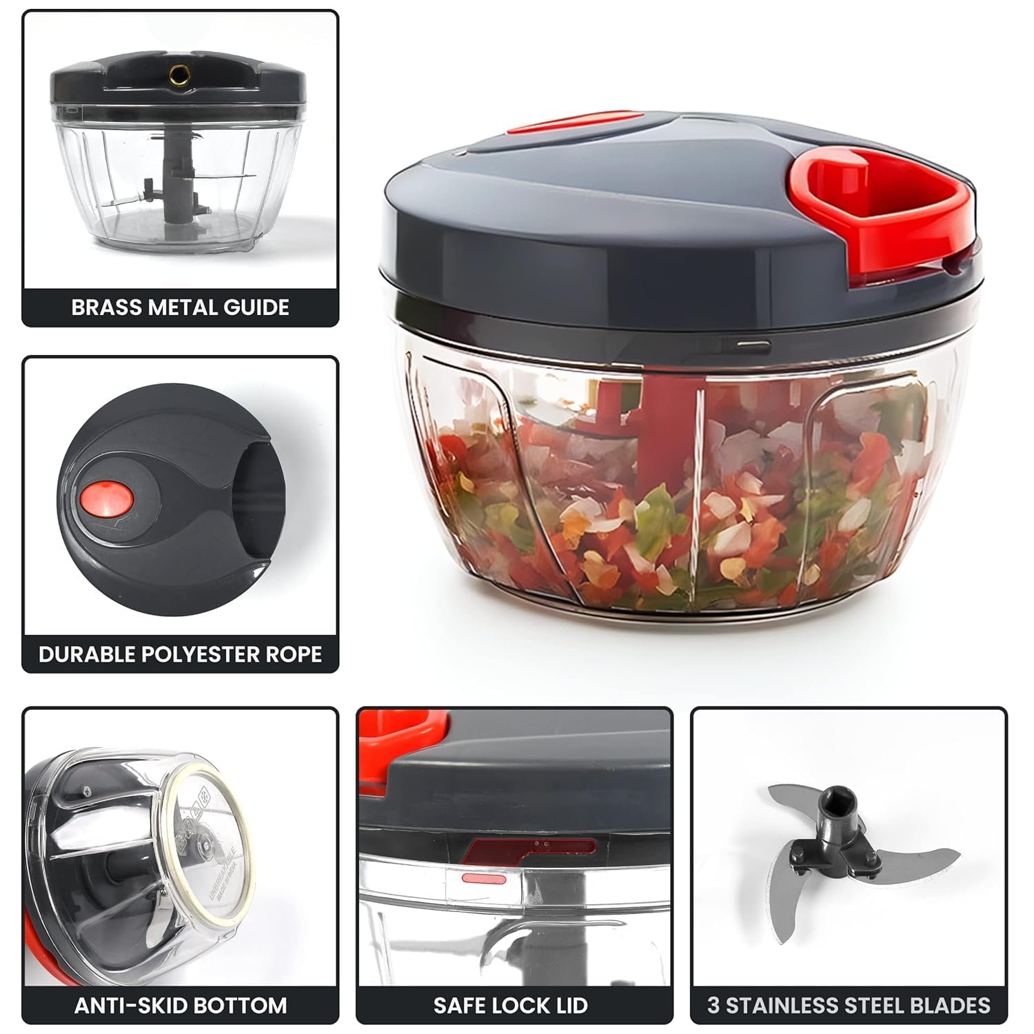 2-in-1 Handy Chopper with Steel Blades-450ml (Black)