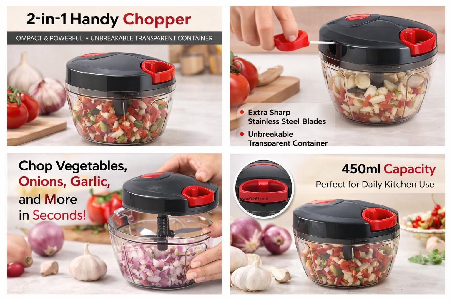 2-in-1 Handy Chopper with Steel Blades-450ml (Black)